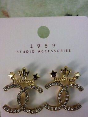 Gold Rhinestone Interlocking CC Crown Earrings